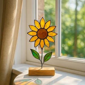 Sunflower Stained Glass Window Decor – Handmade Standing Suncatcher | Bright Floral Gift for Kitchen or Summer Home