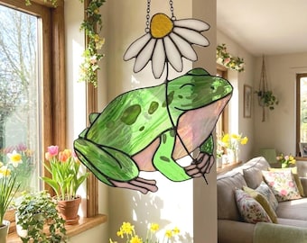 Stained Glass Frog Suncatcher, Custom Birth Flower Gift, Cute Toad Window Hangings, Cottagecore Spring Decor, Mothers Day Gift for Mom