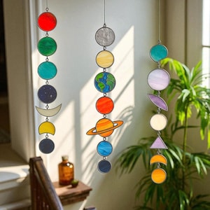 Stained Glass Solar System Suncatcher – Celestial Planet and Moon Window Hanging – Handmade Boho Space Mobile for Home Decor