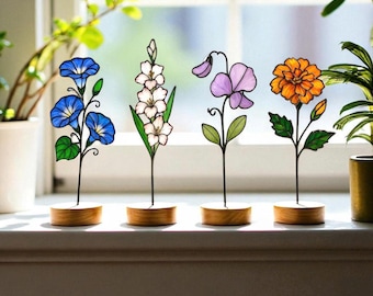 Stained Glass Birth Month Flower – Handmade Window Gift for Mom, Wife, Her – Birthday Floral Sun Catcher Decor