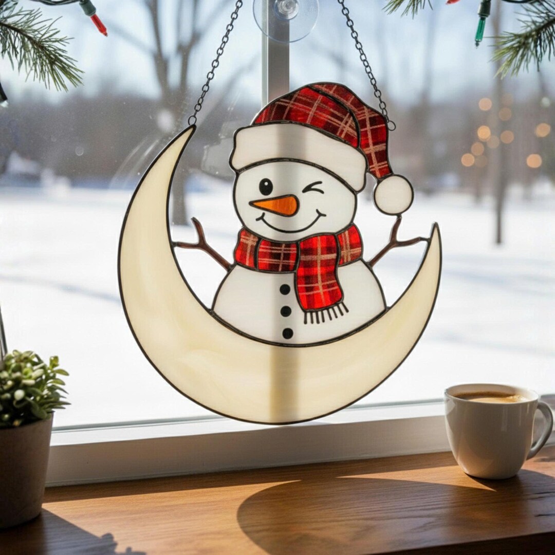 Stained Glass Snowman Suncatcher, Moon Christmas Window Decor - Etsy