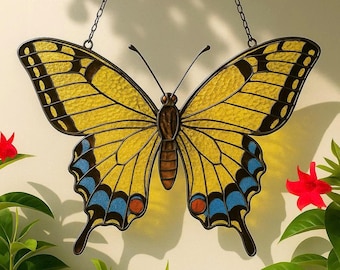 Atrapasol de mariposas de vitral: decoración de ventana hecha a mano, arte con lámina de cobre