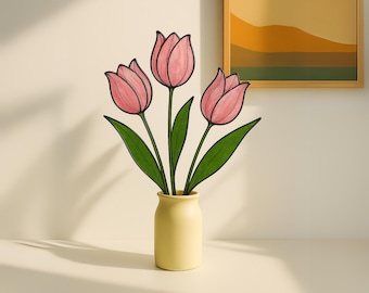 Handmade Stained Glass Pink Tulip Bouquet: Spring Floral Decor