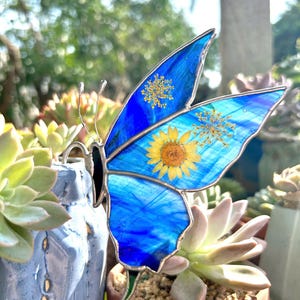Op de afbeelding: Een glas-in-lood vlinder met helderblauwe vleugels, geaccentueerd met gele bloemendetails. De vlinder staat tegen een achtergrond van groen gebladerte en vetplanten, wat een op de natuur geïnspireerd decoratief stuk creëert.