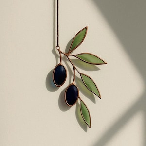 Stained Glass Olive Branch Suncatcher – Real Glass Window Hanging, Mediterranean Wall Decor, Handmade Botanical Art Gift