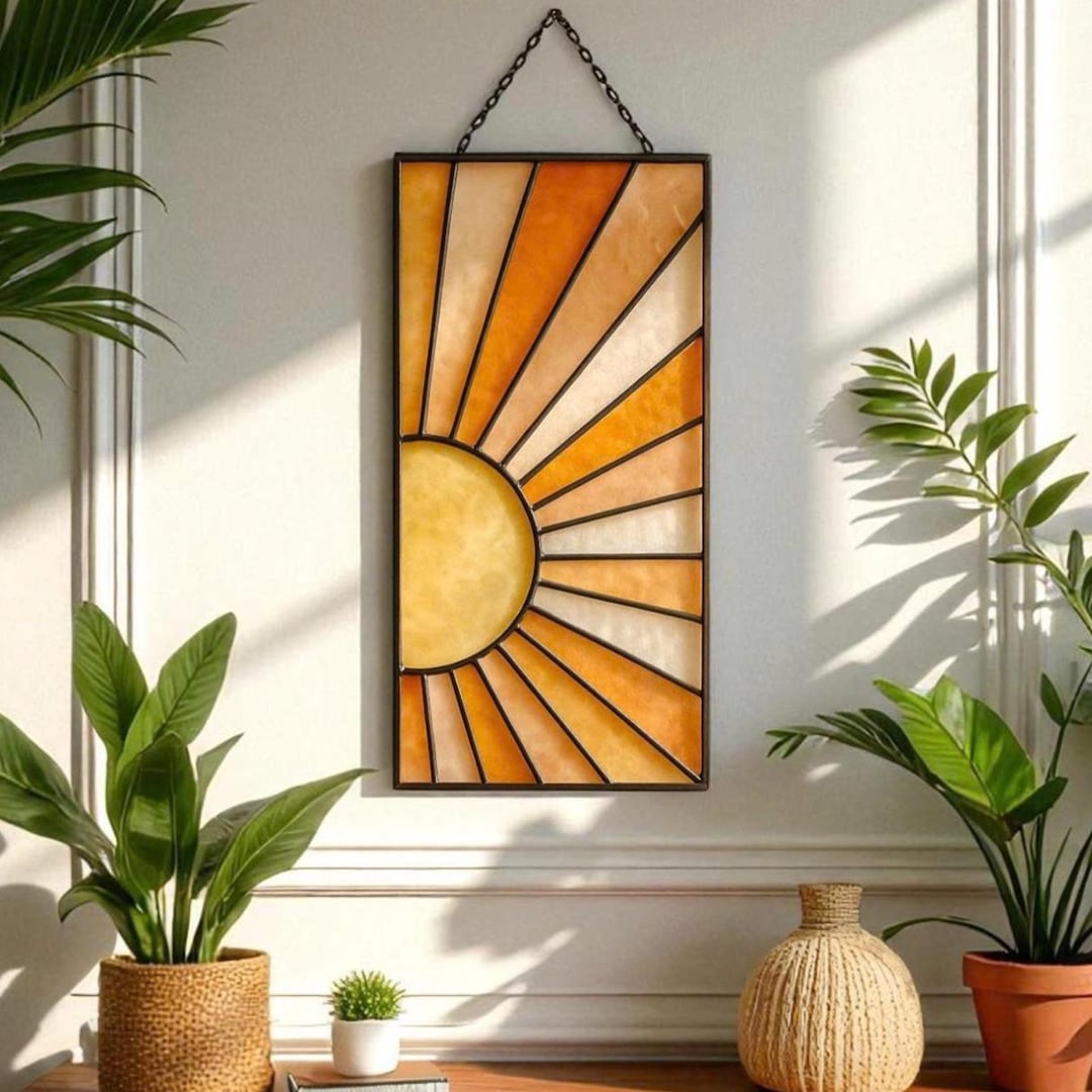 Boho Stained Glass Wall Hanging – Colorful Geometric Retro Suncatcher Decor – Handmade Modern Home Gift Idea