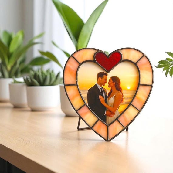 Stained Glass Heart Picture Frame, Wedding Gift for Couple, Pink Glass Photo Holder, Romantic Anniversary Gift for Her, Valentine Decor