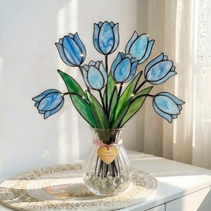 ステンドグラス風チューリップブーケ、永遠に咲き続けるガラスの花、母の日の贈り物、春の窓辺の装飾（1～8本、花瓶は含まれません）