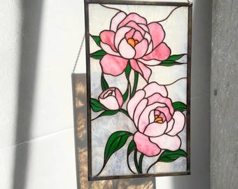 Stained Glass Peony Suncatcher, Pink Flower Window Hanging Panel, Botanical Wall Art, Mother's Day Gift for Mom Grandma, Garden Lover Gift
