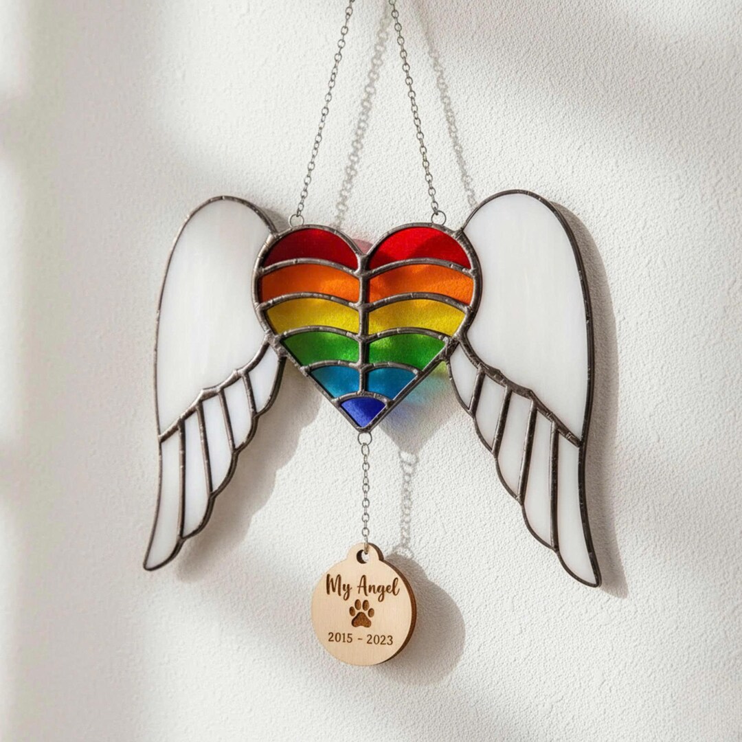 Handmade Stained Glass Pet Memorial Suncatcher – Rainbow Bridge Angel ...