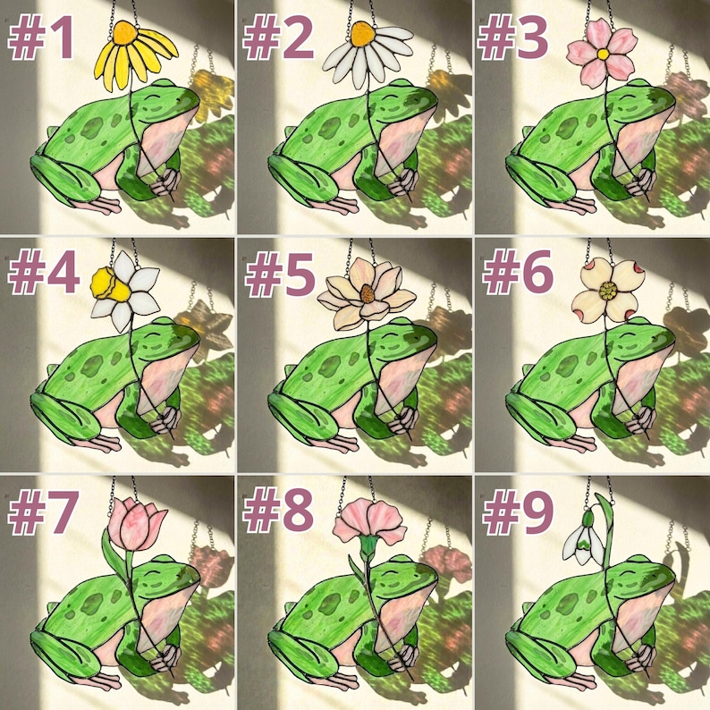 May include: Nine stained glass frog suncatchers, each with a different flower. The frogs are green with pink bellies, and the flowers include a daisy, daffodil, and tulip. Each suncatcher is labeled with a number from 1 to 9.
