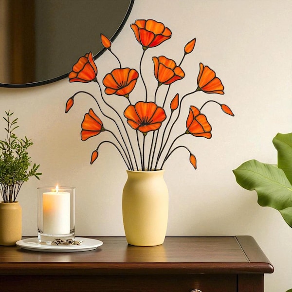Stained Glass Flower Bouquet in Vase, Orange Poppy Glass Flowers, Handmade Stained Glass Decor, Unique Gift for Her, Housewarming Gift