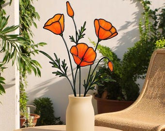 Stained Glass Poppy Flowers – Handmade Everlasting Floral Bouquet – California Nature-Inspired Home Decor – Unique Gift for Her or Mom
