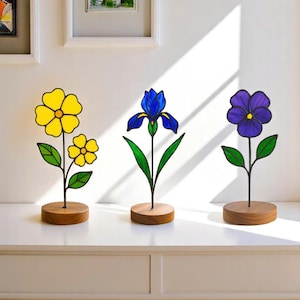 February Birth Flower Stained Glass Decor | Handmade Violet, Iris & Primrose Gift for Mom, Valentine, Birthday