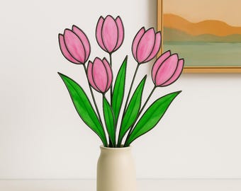 Stained Glass Tulip Bouquet | Handmade Pink Flower Vase Art | Unique Gift for Mom, Her, Spring Home Decor, Floral Table Centerpiece