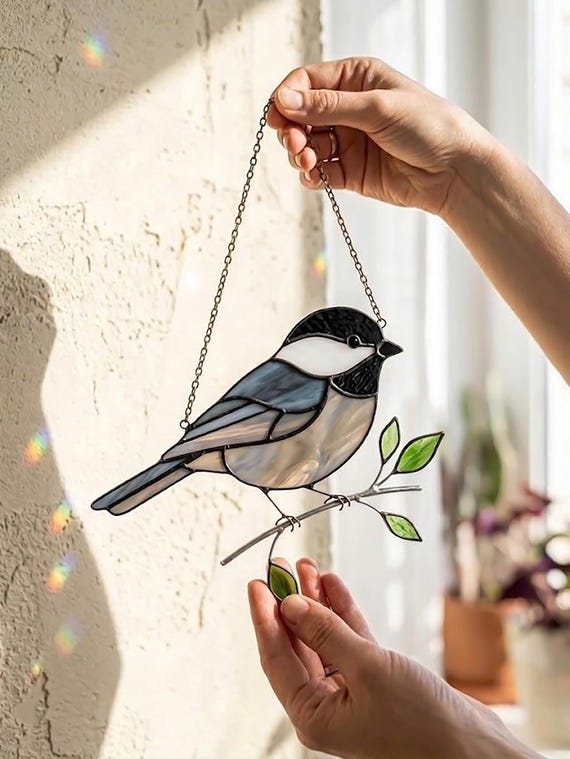 Stained Glass Chickadee Suncatcher, Black-Capped Bird Window Hanging, Nature Decor Gift