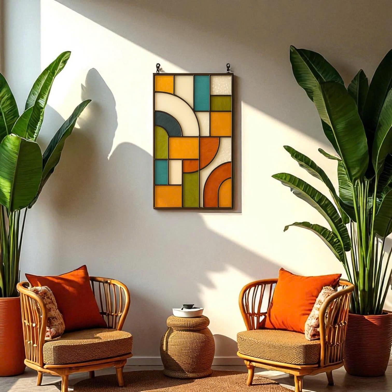 Mid Century Stained Glass Wall Hanging – Geometric Boho Suncatcher Decor – Retro Colorful Handmade Glass Art for Modern Home Gift