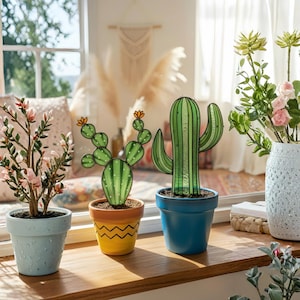 Stained Glass Cactus Decor, Boho Window Suncatcher Plant Art, Handmade Succulent Gift for Housewarming & Home Decor Lovers