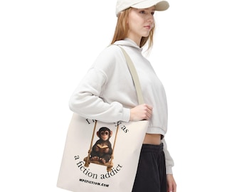 Fiction Addict Tote Bag | Funny Book Lover Gift with Reading Chimp Design for Library Trips and Bookstore Runs