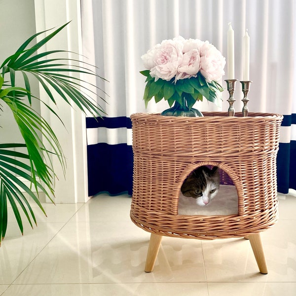 Wicker Cat Bed, House, Home, Unique Pet Furniture, Cat Condo, Ecological, Cat Home, Comfy Pet Bed, Handmade Basket for Pets, Bedside table