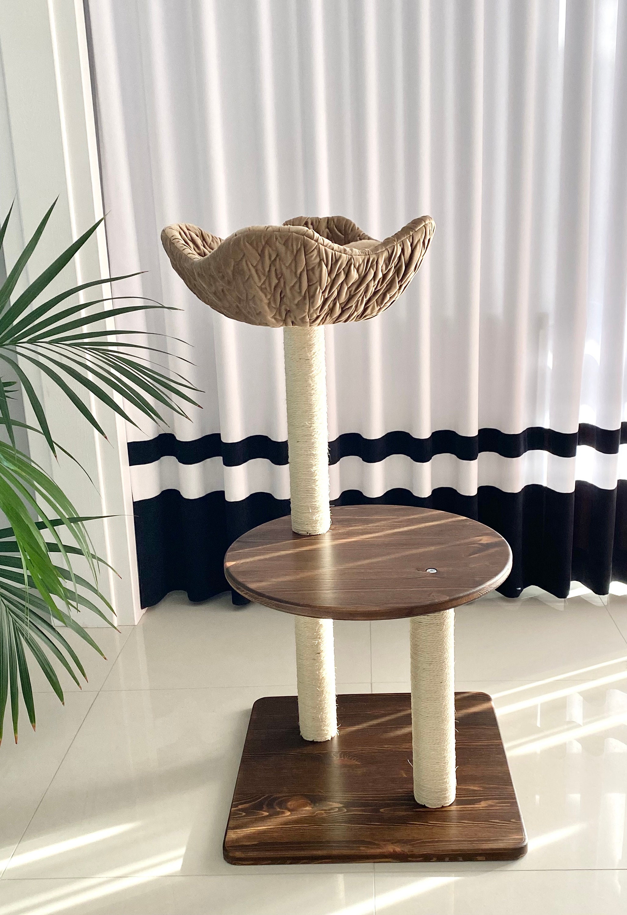 Walnut Color Natural Wood Cat Tree, Tower, Climbing Scratching Cat Tree