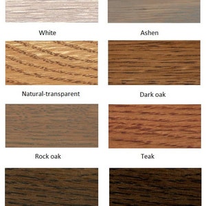 Pode incluir: Carta de cores de tinta para madeira que mostra 10 cores de tinta para madeira diferentes: Branco, Cinza, Natural transparente, Carvalho escuro, Carvalho r&uacute;stico, Teca, Wengu&eacute;, Preto.