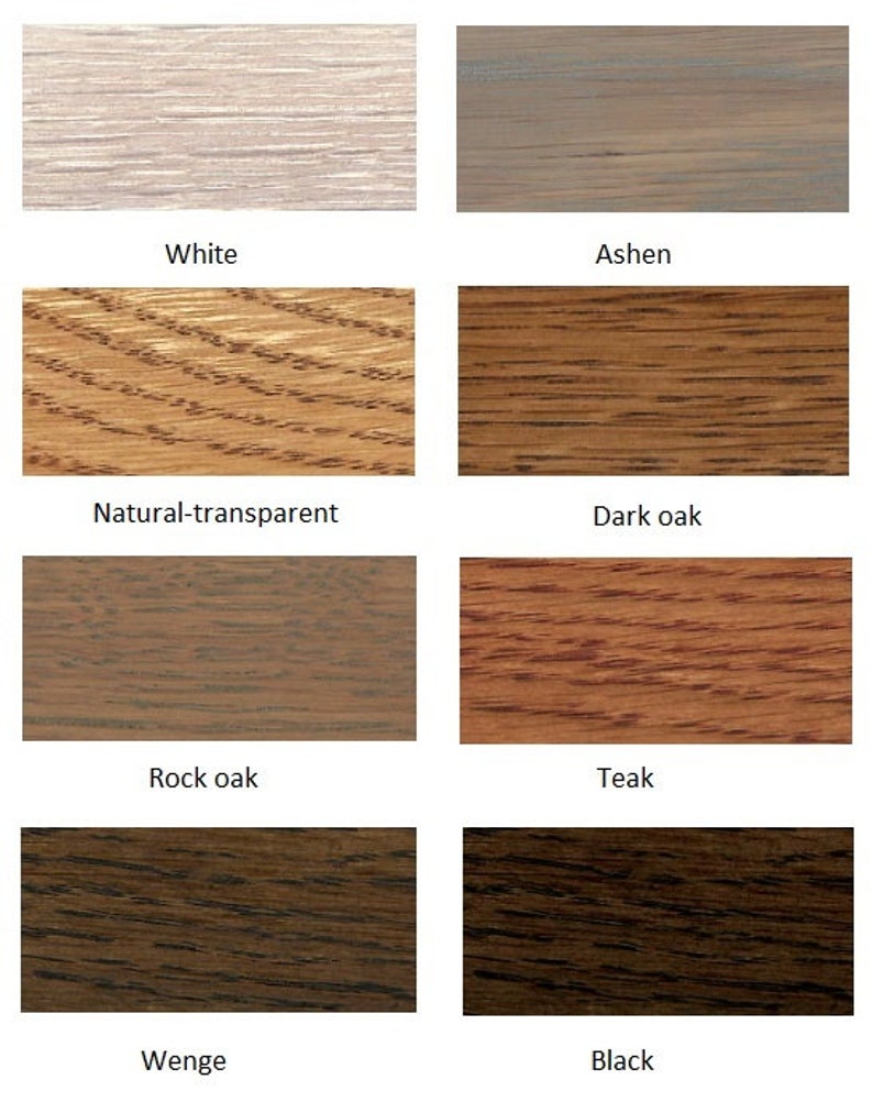 Pode incluir: Carta de cores de tinta para madeira que mostra 10 cores de tinta para madeira diferentes: Branco, Cinza, Natural transparente, Carvalho escuro, Carvalho r&uacute;stico, Teca, Wengu&eacute;, Preto.