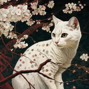 Puede incluir: Un gato blanco con manchas negras sentado en un árbol con flores blancas. El gato tiene ojos verdes y un fondo blanco.