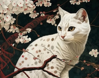Hermoso gato con flor de cerezo - dibujo de estilo japonés ukiyo-e