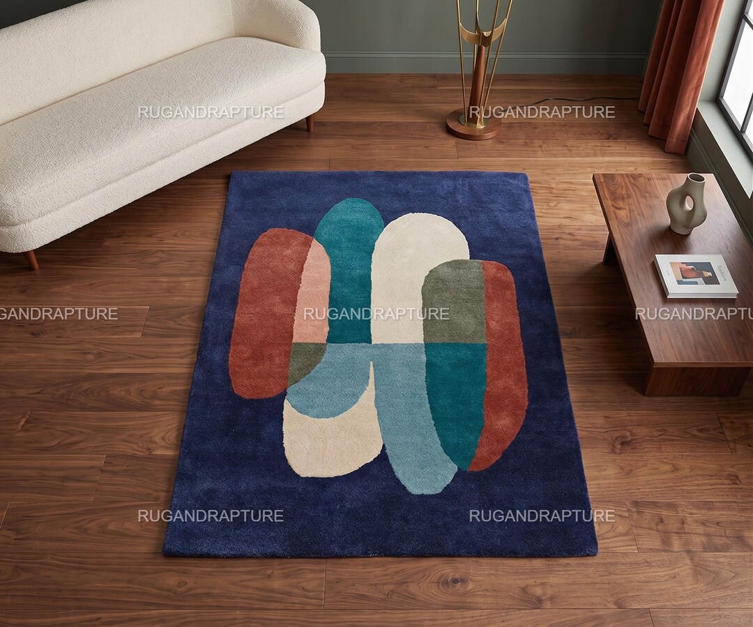 Modern Abstract Geometric Hand Tufted Wool Rug Navy Blue Contemporary ...