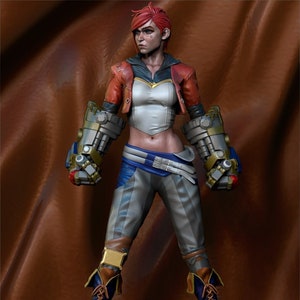 May include: A red-haired female action figure with a white top, blue pants, and a red jacket. She has mechanical arms and is standing on a black base with the Roman numeral VI.