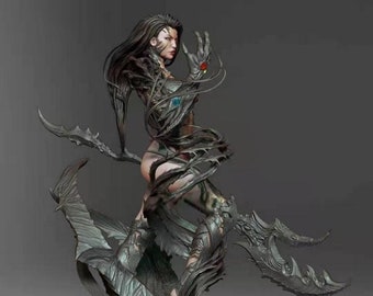 May include: A dark gray and black detailed figurine of a woman with long black hair and a flowing cape. The woman is standing on a base with a skull. The figurine is made of resin and is approximately 12 inches tall.