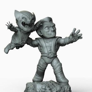 Könnte beinhalten: Eine grau bemalte Figur von zwei Charakteren aus der X-Men-Comicserie. Die Figur zeigt Wolverine und Sabretooth in einer Kampfpose. Wolverine befindet sich oben auf Sabretooth, mit ausgefahrenen Krallen. Sabretooth liegt am Boden, mit ebenfalls ausgefahrenen Krallen. Die Figur ist aus strapazierfähigem Kunststoff gefertigt und eignet sich zur Präsentation.