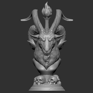 May include: A gray, sculpted bust of a goat with horns, a pentagram on its forehead, and a flame rising above its head. The bust is on a base with three skulls.
