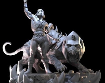 May include: A grey, detailed, 3D printed model of He-Man riding Battle Cat. He-Man is holding his sword high above his head. The model is set on a rocky base.