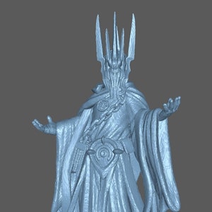 May include: A light blue 3D-printed figurine of a character with a tall, spiky crown, long robes, and outstretched arms. The figure has a detailed belt and chain, and the overall design suggests a fantasy or historical theme.