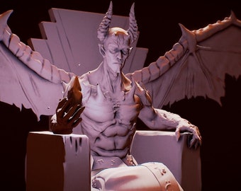 May include: A white, sculpted figure of a demon with horns and wings sitting on a throne. The demon has a muscular build and is wearing a loincloth. The throne is made of stone and has a high back.