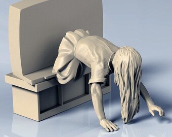 May include: A white figurine of a person with long hair, wearing a dress, crawling under a white bench.