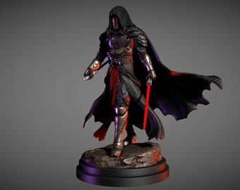May include: A black and gold action figure of a Sith Lord with a red lightsaber and a black cape. The figure is standing on a rocky base.