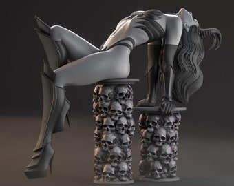 May include: A black and gray sculpted figure of a woman with horns and long hair, sitting on two pillars made of stacked skulls.
