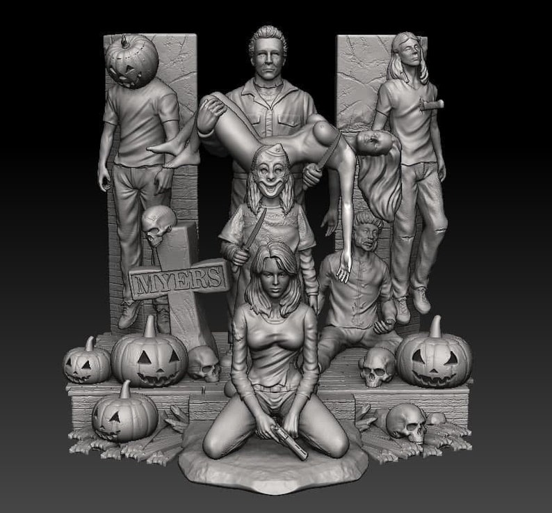 May include: A 3D printed Halloween themed sculpture featuring characters from the horror film Halloween. The sculpture includes Michael Myers, Laurie Strode, and other characters from the film. The sculpture is painted in a gray color and features a variety of details, including pumpkins, a tombstone, and a knife.