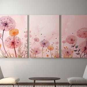Romantic Dandelion Wall Art Set, Dandelion Art Wall, Art Wall For Living Room, Pink Wall Art, Triptych Wall Art, Boho Art, Digital Download