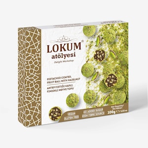 May include: A box of Lokum Atölyesi pistachio-coated fruit balls with hazelnut. The box is white with brown geometric patterns and text. The product is vegan, gluten-free, and a high-fibre source. The box contains 100g of product.