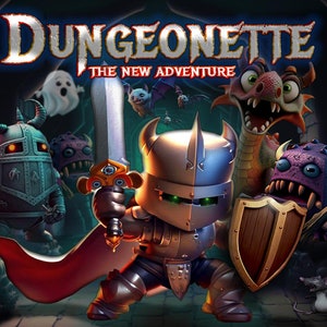 Può includere: Un cavaliere di cartoni animati in armatura argentata con un mantello rosso, che tiene una spada e uno scudo, si confronta con un drago e altri mostri in un dungeon buio. Il testo "Dungeonette The New Adventure" è in cima all'immagine.
