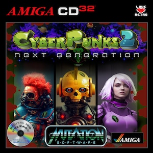 Puede incluir: Una carátula de videojuego para Amiga CD32, con un título colorido "Cyberpunks 2 Next Generation" sobre un fondo verde, morado y azul. La carátula presenta tres personajes: un robot con una cara de calavera, una mujer con cabello morado y un robot con un mohawk rojo. La carátula también presenta el texto "Mutation Software" y el logotipo de Amiga.