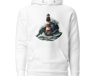 Unisex hoodie with lighthouse and big wave