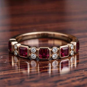 May include: A rose gold band ring featuring a repeating pattern of square-cut red rubies alternating with pairs of small round white diamonds. The gemstones are set in a bezel style along the top half of the polished metal ring band.