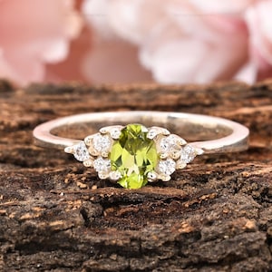 Oval Cut Peridot Ring in Sterling Silver with Diamond Accents, Natural Green Gemstone August Birthstone Engagement Ring 9k Solid Gold ring