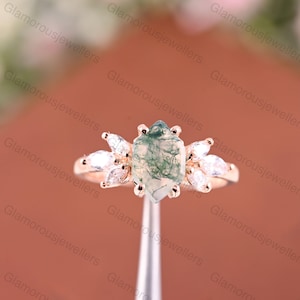 Hexagon Cut Moss agate engagement ring Promise ring women Rose Gold Vintage Green Gem Bridal ring Art Deco Cluster anniversary gift  women