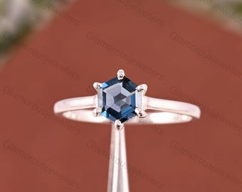Hexagon London Blue Topaz Ring: 14k White Gold Solitaire, December Birthstone
